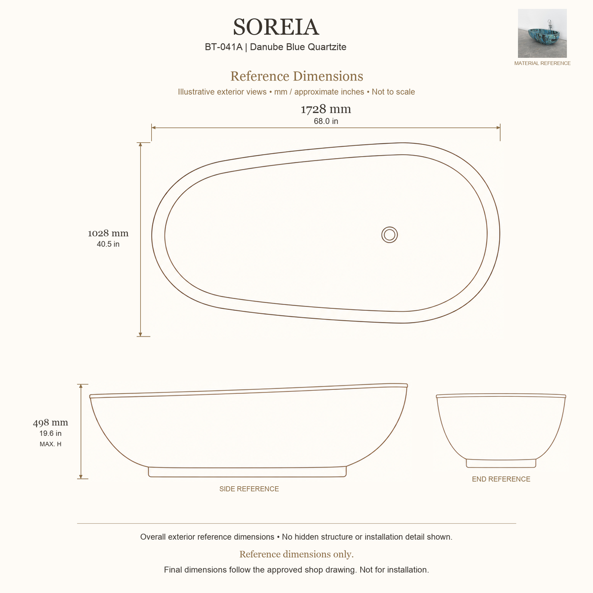 Soreia BT-041A Danube Blue Quartzite bathtub reference dimensions: 1728 × 1028 × 498 mm (L × W × maximum overall H). Source-based exterior illustration; not to scale. Final dimensions follow approved shop drawing; not for installation.