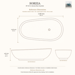 Soreia BT-041A Danube Blue Quartzite bathtub reference dimensions: 1728 × 1028 × 498 mm (L × W × maximum overall H). Source-based exterior illustration; not to scale. Final dimensions follow approved shop drawing; not for installation.