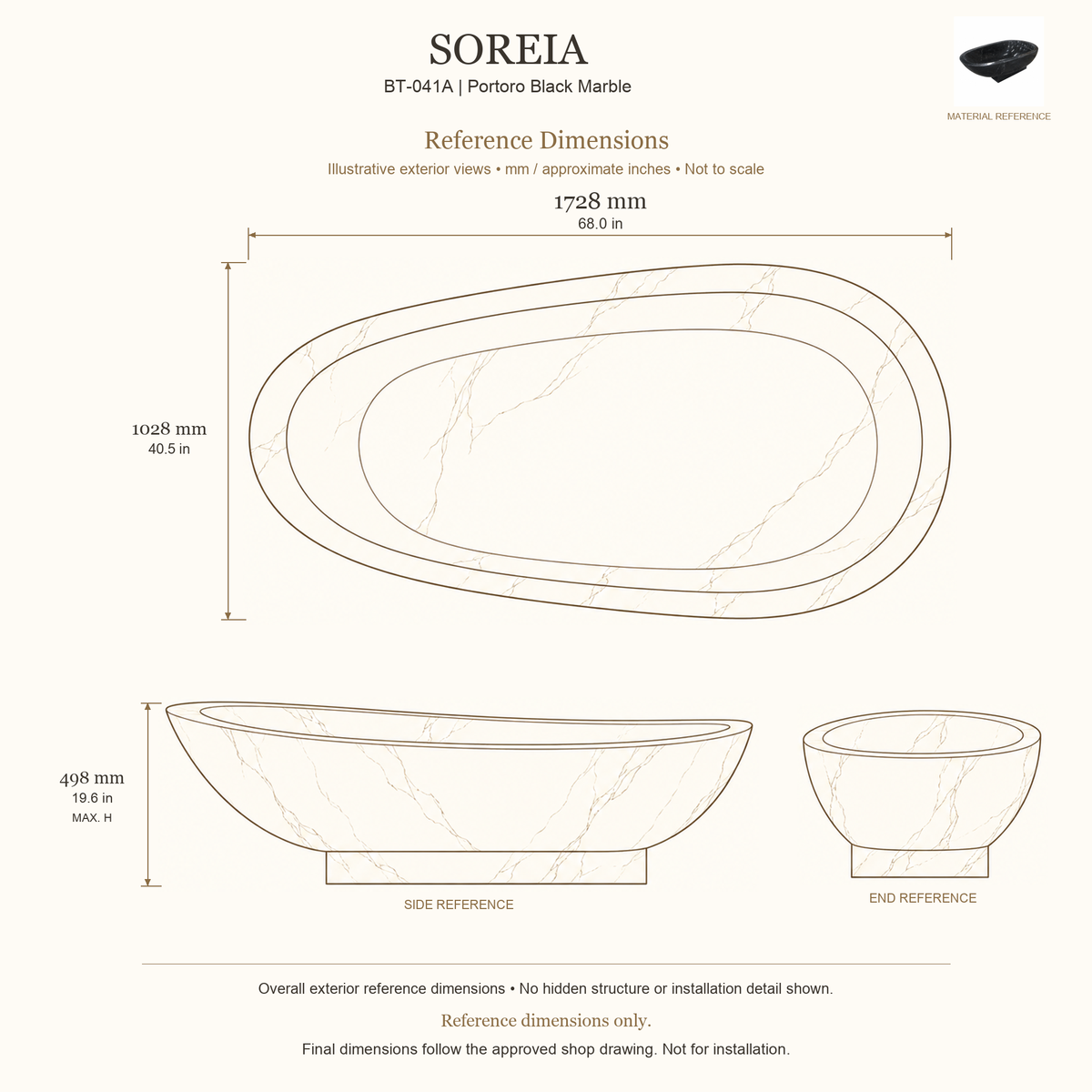 Soreia BT-041A Portoro Black Marble bathtub reference dimensions: 1728 × 1028 × 498 mm (L × W × maximum overall H). Source-based exterior illustration; not to scale. Final dimensions follow approved shop drawing; not for installation.