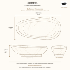 Soreia BT-041A Portoro Black Marble bathtub reference dimensions: 1728 × 1028 × 498 mm (L × W × maximum overall H). Source-based exterior illustration; not to scale. Final dimensions follow approved shop drawing; not for installation.