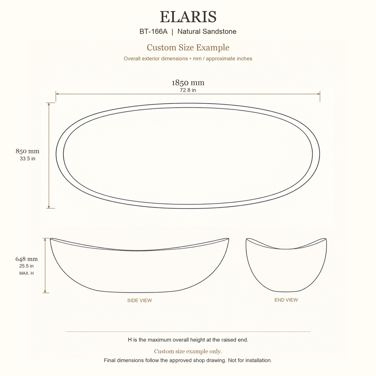 Elaris BT-166A Natural Sandstone bathtub custom size example: 1850 × 850 × 648 mm (L × W × maximum overall H). Final dimensions follow the approved shop drawing; not for installation.