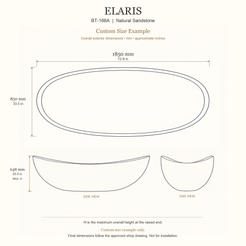 Elaris BT-166A Natural Sandstone bathtub custom size example: 1850 × 850 × 648 mm (L × W × maximum overall H). Final dimensions follow the approved shop drawing; not for installation.