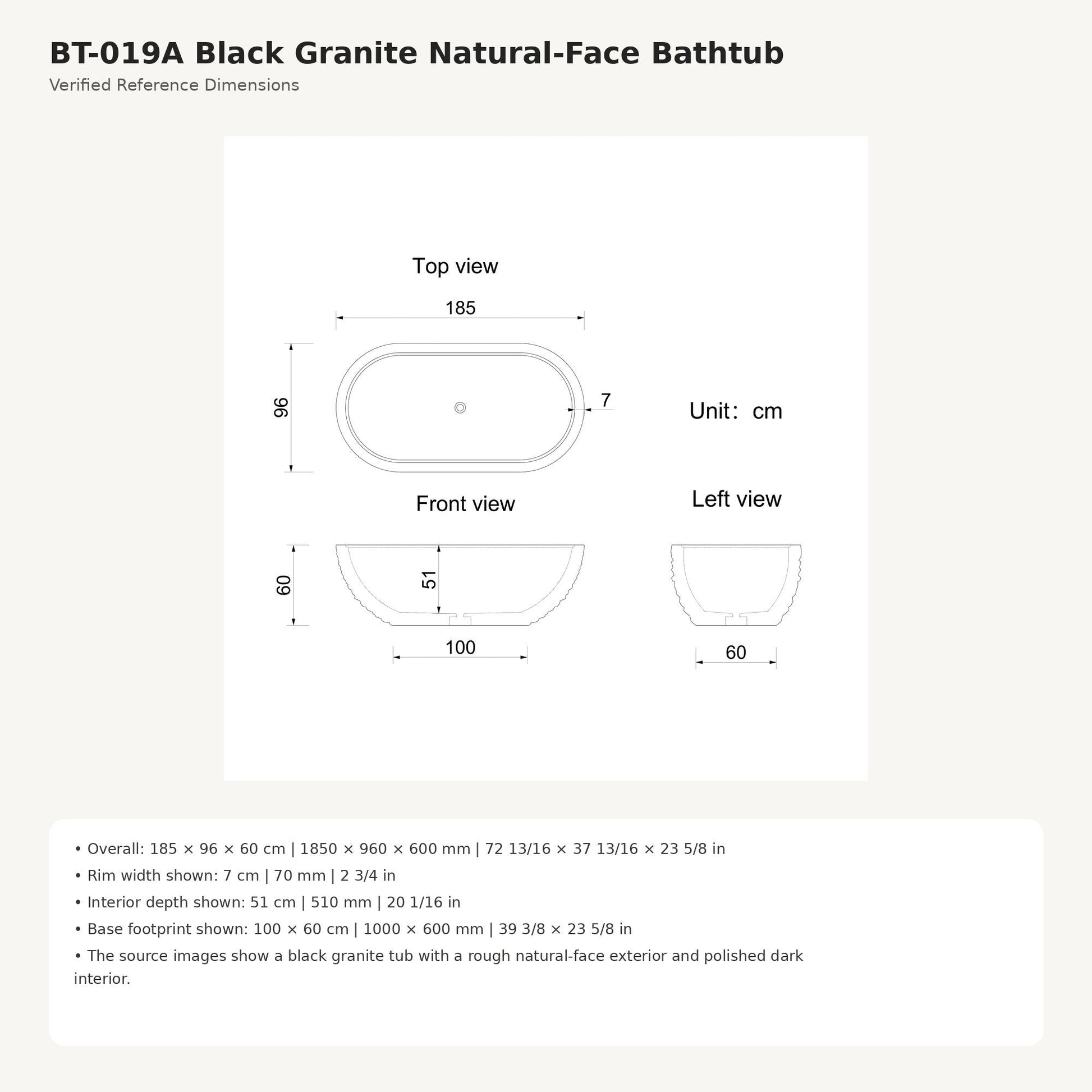 Arden Natural-Face Black Granite bathtub reference dimensions