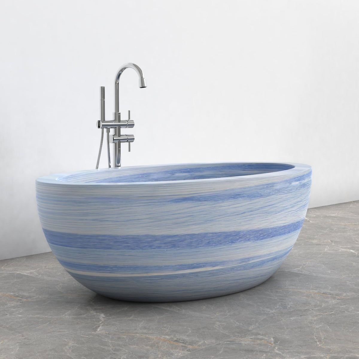 Aveline Azura Blue Quartzite freestanding soaking bathtub, full-frame alternate three-quarter view