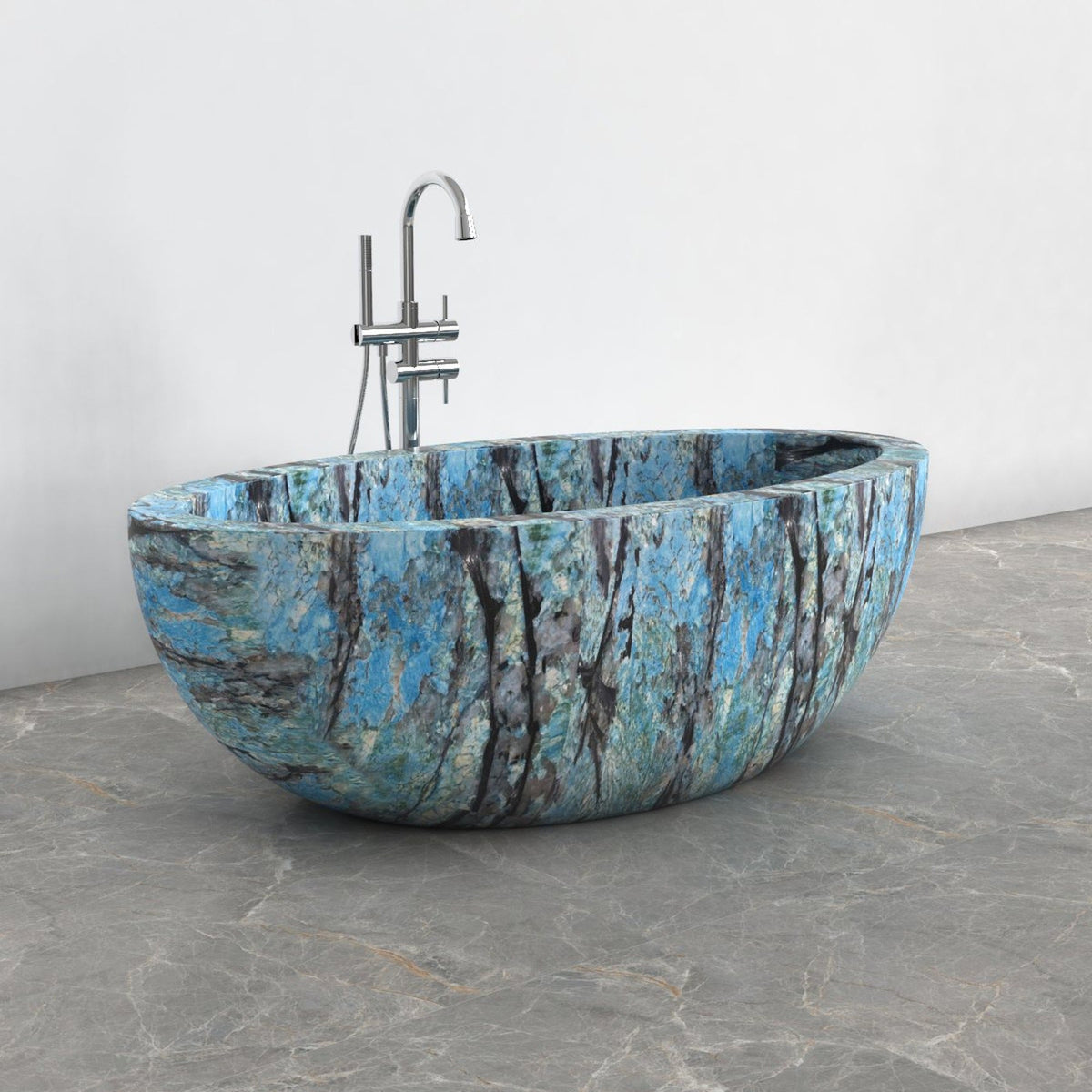 Aveline Danube Blue Quartzite freestanding soaking bathtub, full-frame alternate three-quarter view
