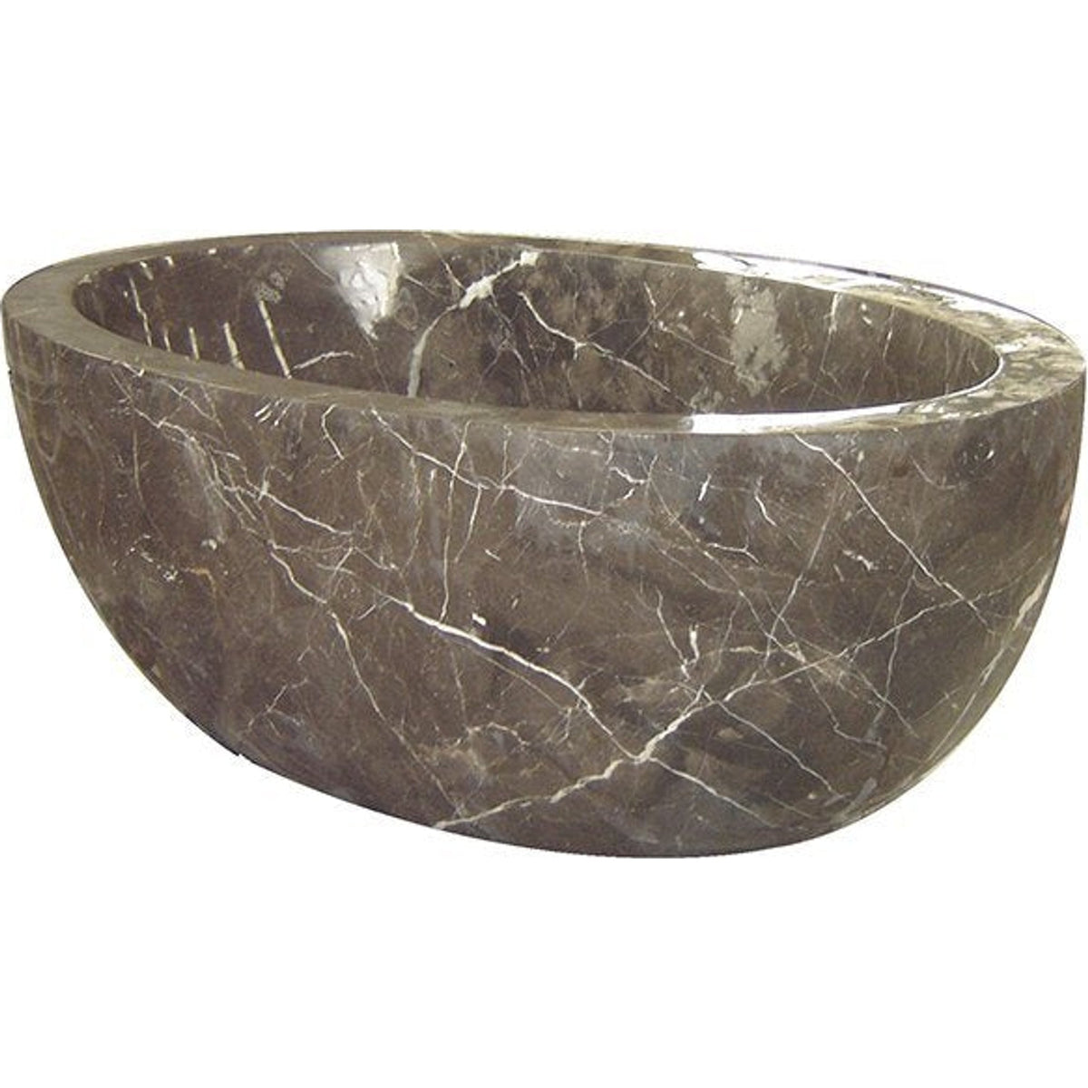 Aveline oval freestanding Dark Emperador Marble soaking bathtub, full-frame alternate three-quarter view