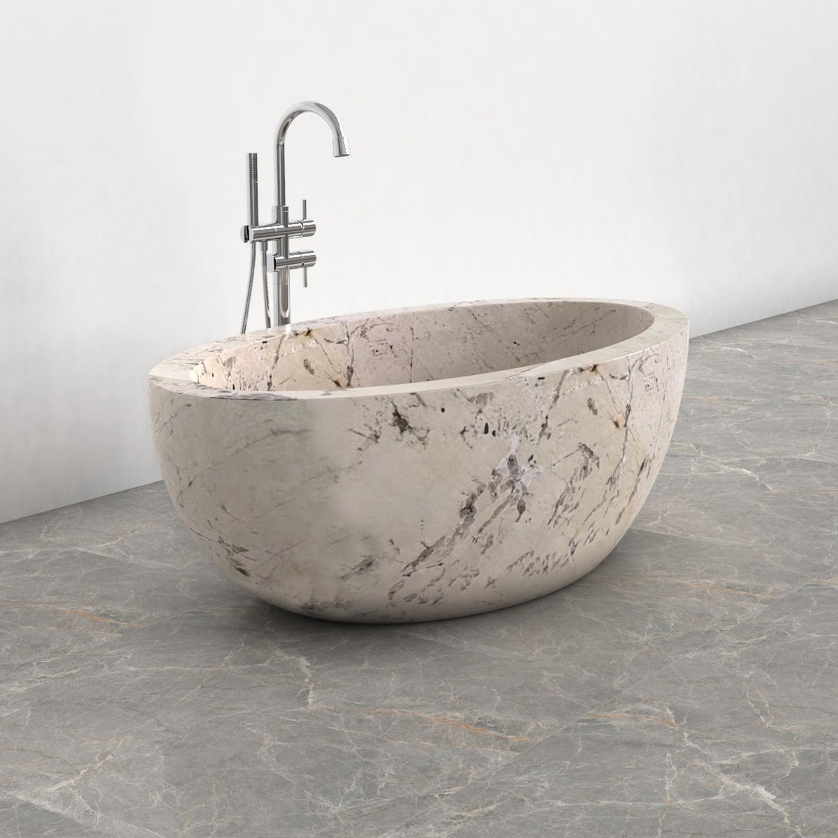 Aveline Pandora Blanc Quartzite freestanding soaking bathtub, full-frame alternate three-quarter view