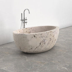 Aveline Pandora Blanc Quartzite freestanding soaking bathtub, full-frame alternate three-quarter view