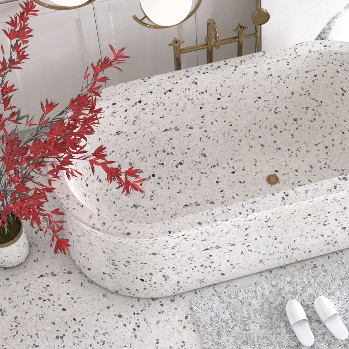 Avena BT-129A Alba White Terrazzo bathtub close design detail showing rim, basin and aggregate surface