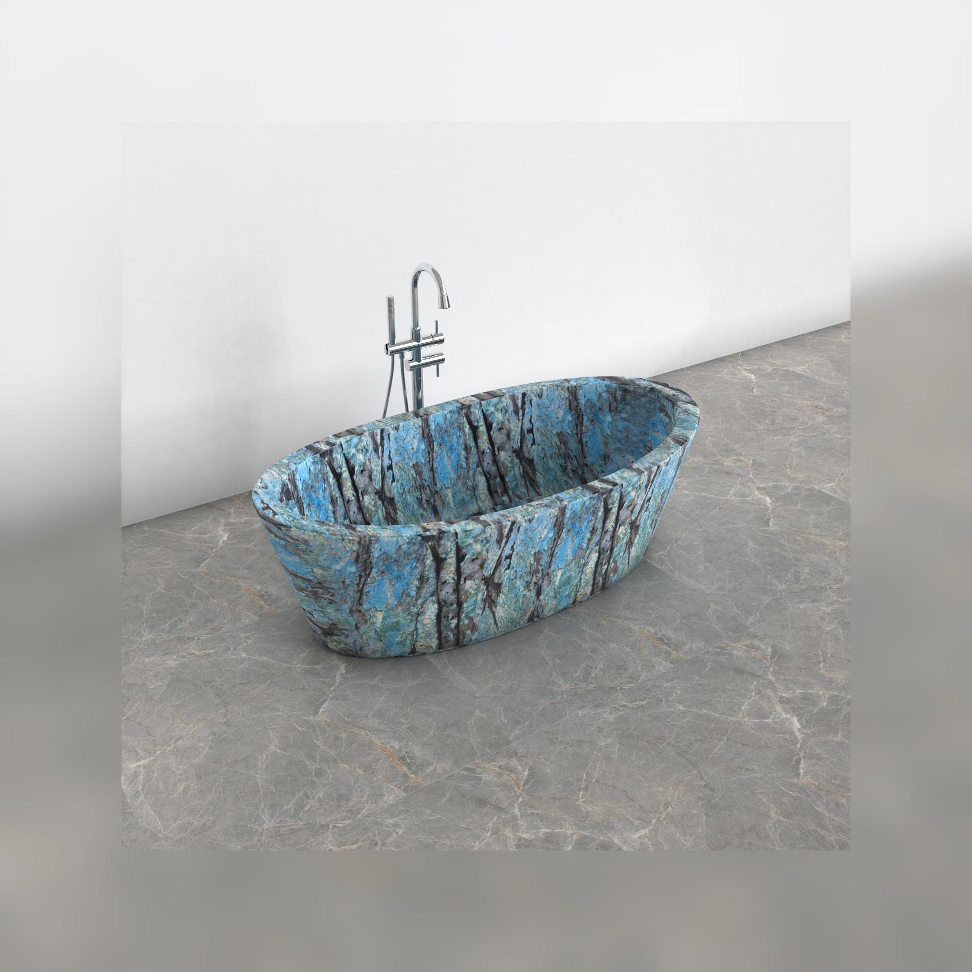 Calia Danube Blue Quartzite soaking bathtub, alternate studio three-quarter visualization