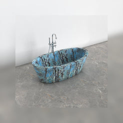 Calia Danube Blue Quartzite soaking bathtub, alternate studio three-quarter visualization