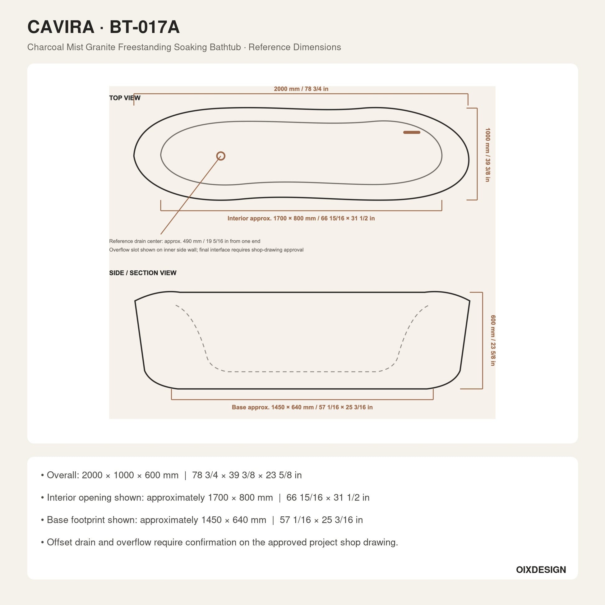 Cavira Charcoal Mist Granite bathtub reference dimensions