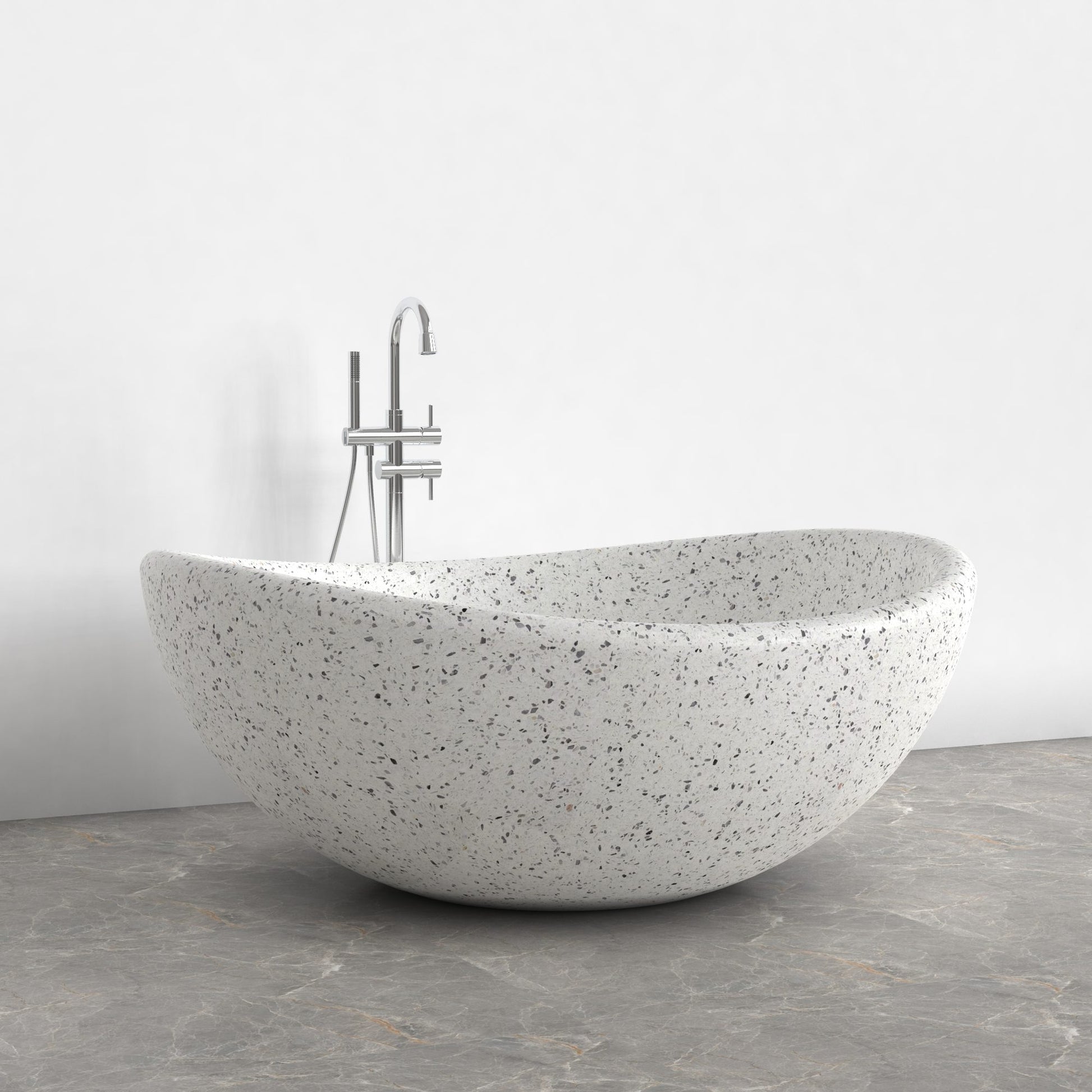 Lunara round freestanding Alba White Terrazzo soaking bathtub, alternate finished view