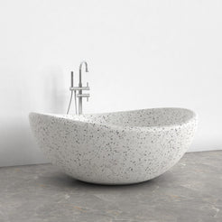 Lunara round freestanding Alba White Terrazzo soaking bathtub, alternate finished view