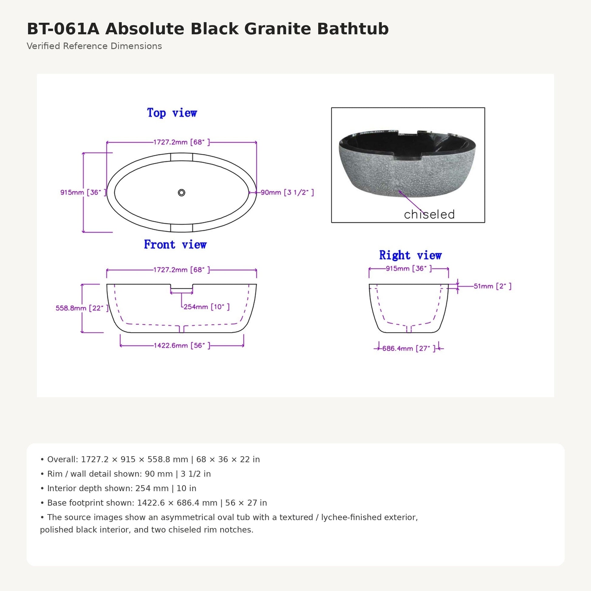 Noctira Absolute Black Granite bathtub reference dimensions