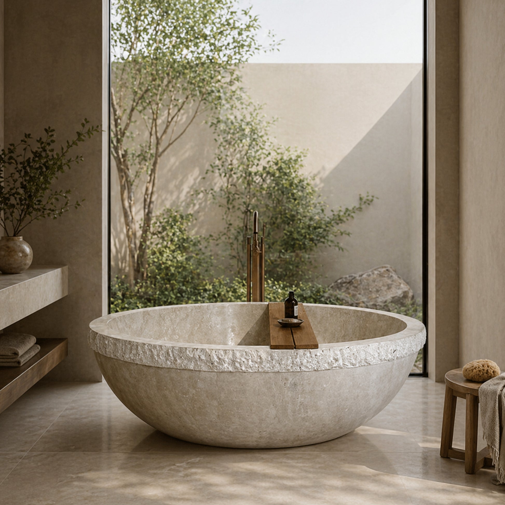 RHEA Round Travertine soaking bathtub in a spa-inspired bathroom, styled visualization