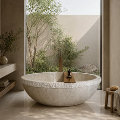 RHEA Round Travertine soaking bathtub in a spa-inspired bathroom, styled visualization