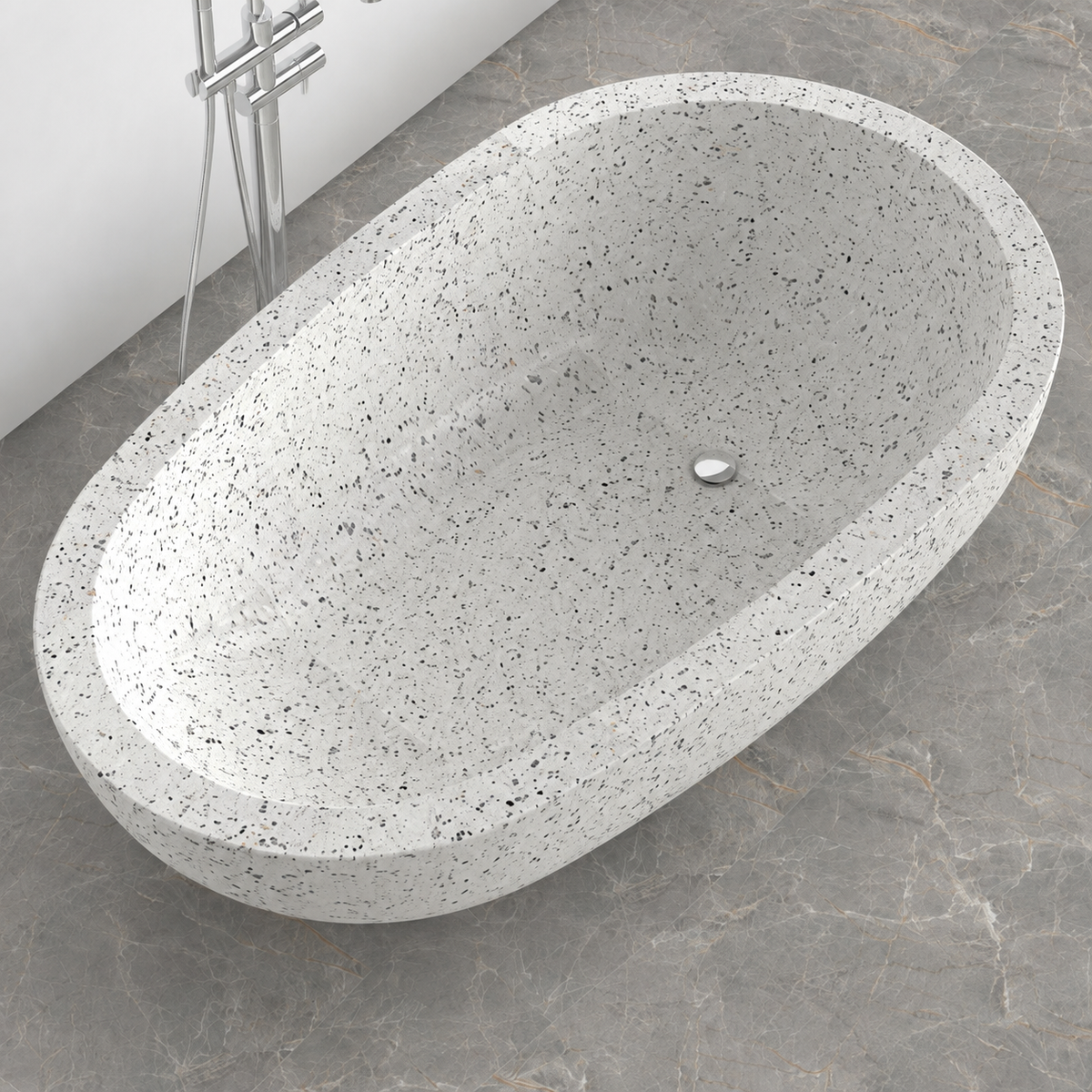 Selvara BT-134A alba-white-terrazzo bathtub top, interior basin, rim and centered drain detail