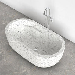 Serelle BT-105B Alba White Terrazzo bathtub interior and drain detail showing basin shape and aggregate surface
