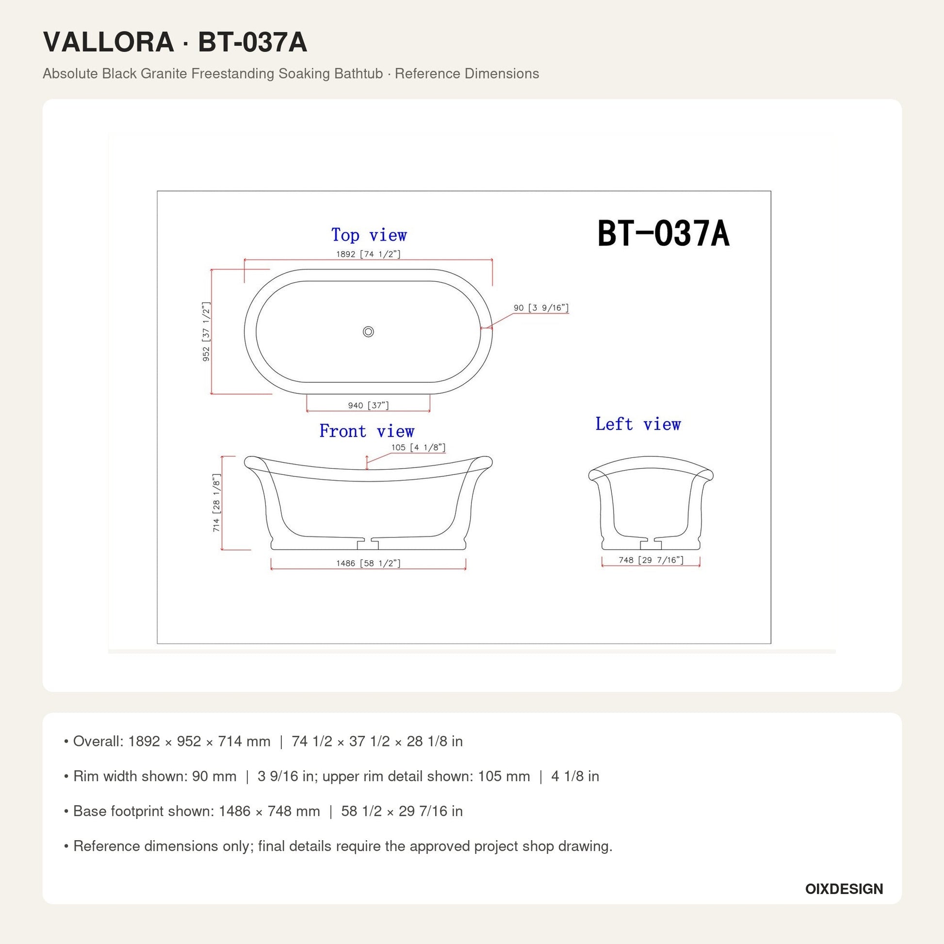 Vallora Absolute Black Granite bathtub reference dimensions