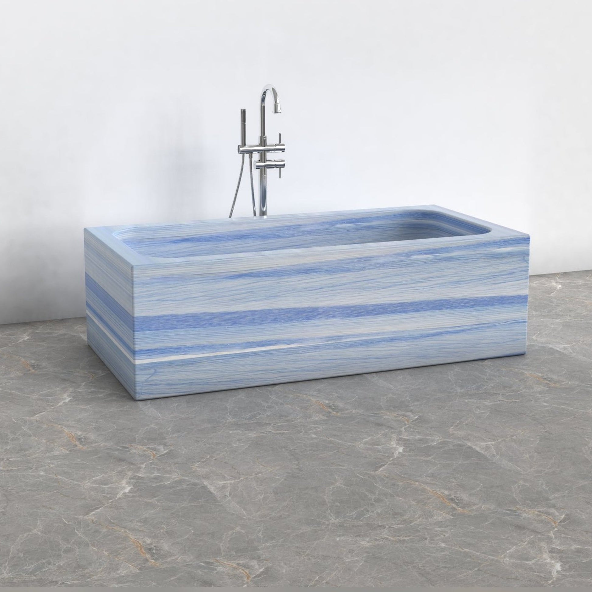 Virelle Azura Blue Quartzite rectangular soaking bathtub, exact-source side and material-facing view showing straight exterior profile and stone banding