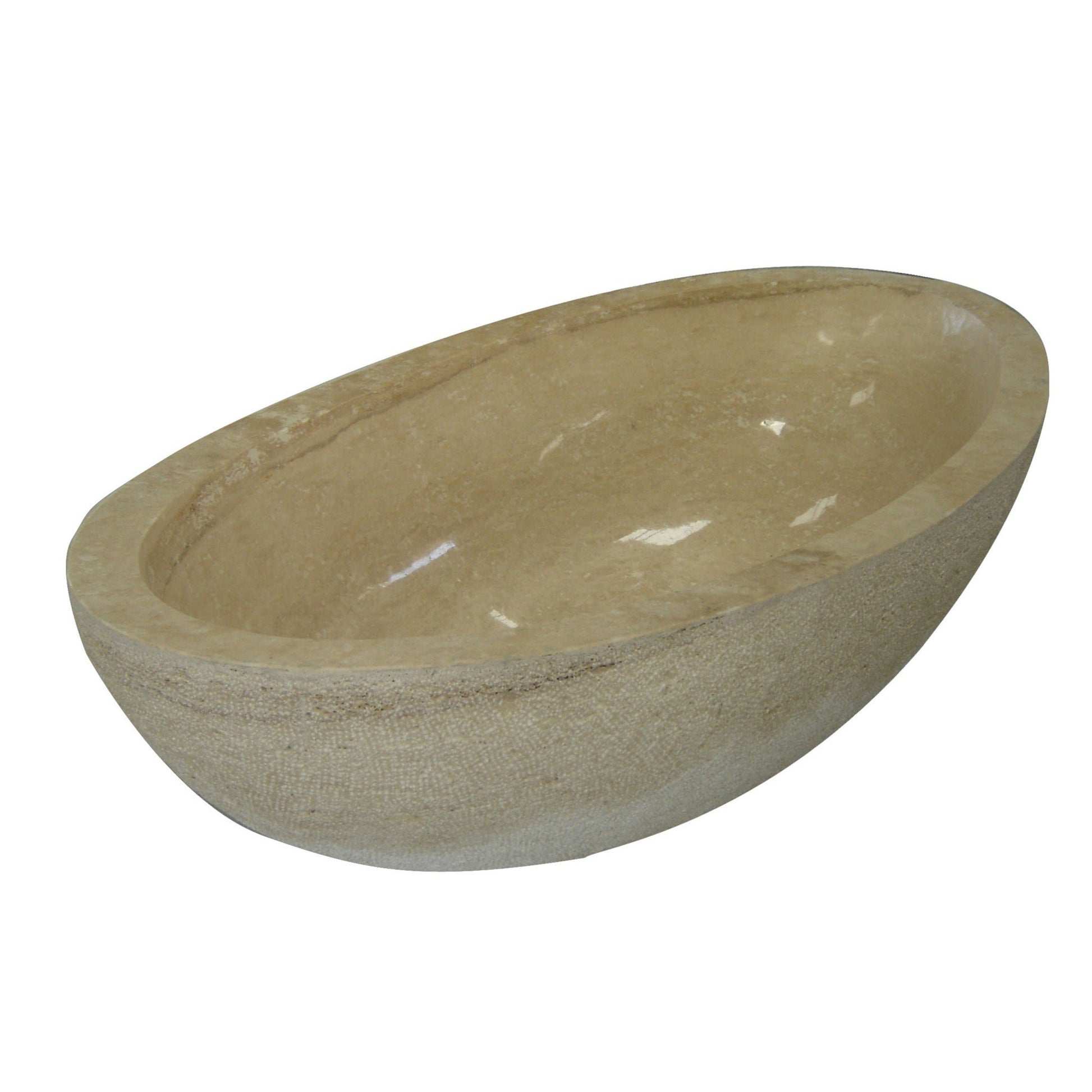 Real alternate angle of the YARA Beige Travertine soaking bathtub showing the smooth basin and natural stone exterior