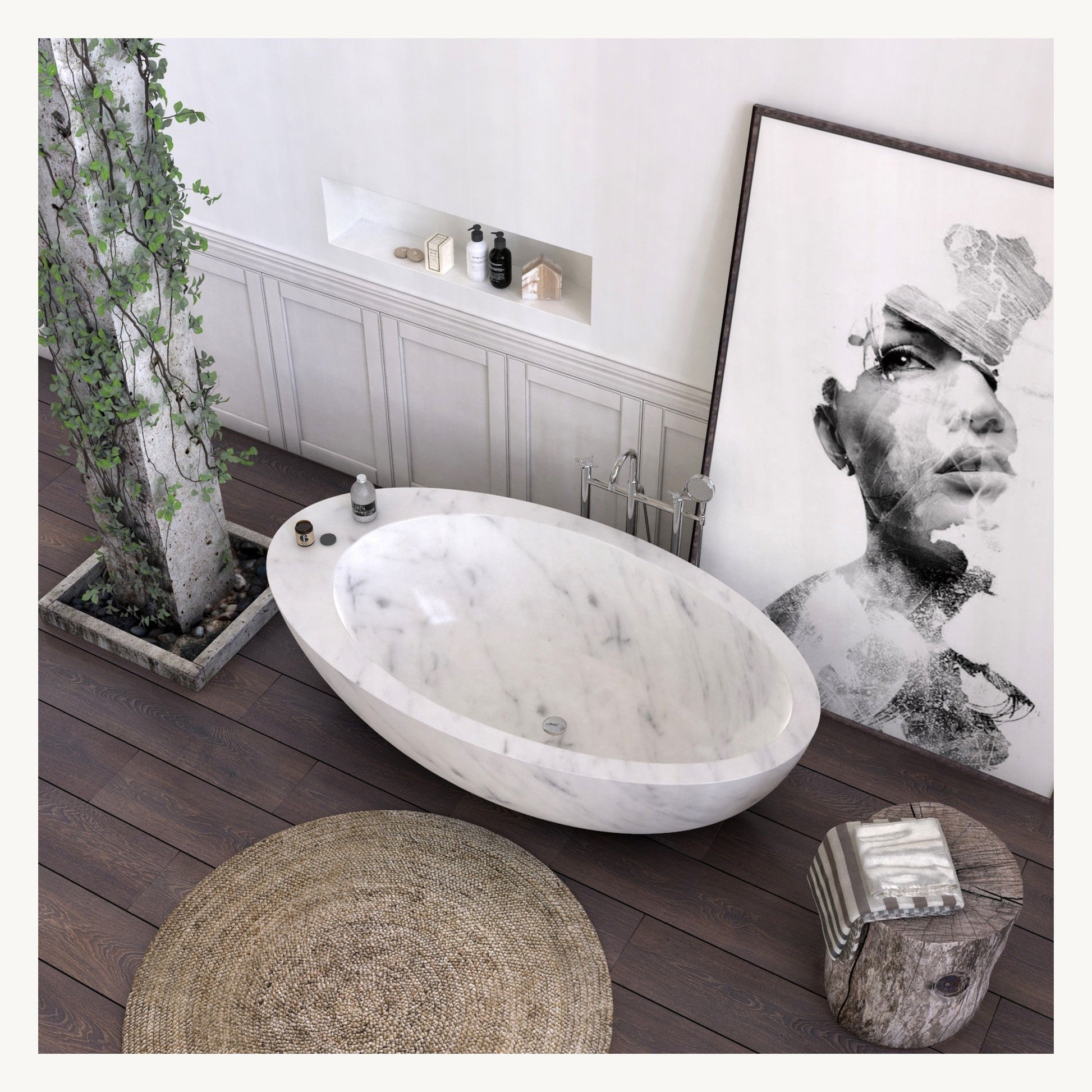 Yaris freestanding Carrara White Marble bathtub, opposite angled view