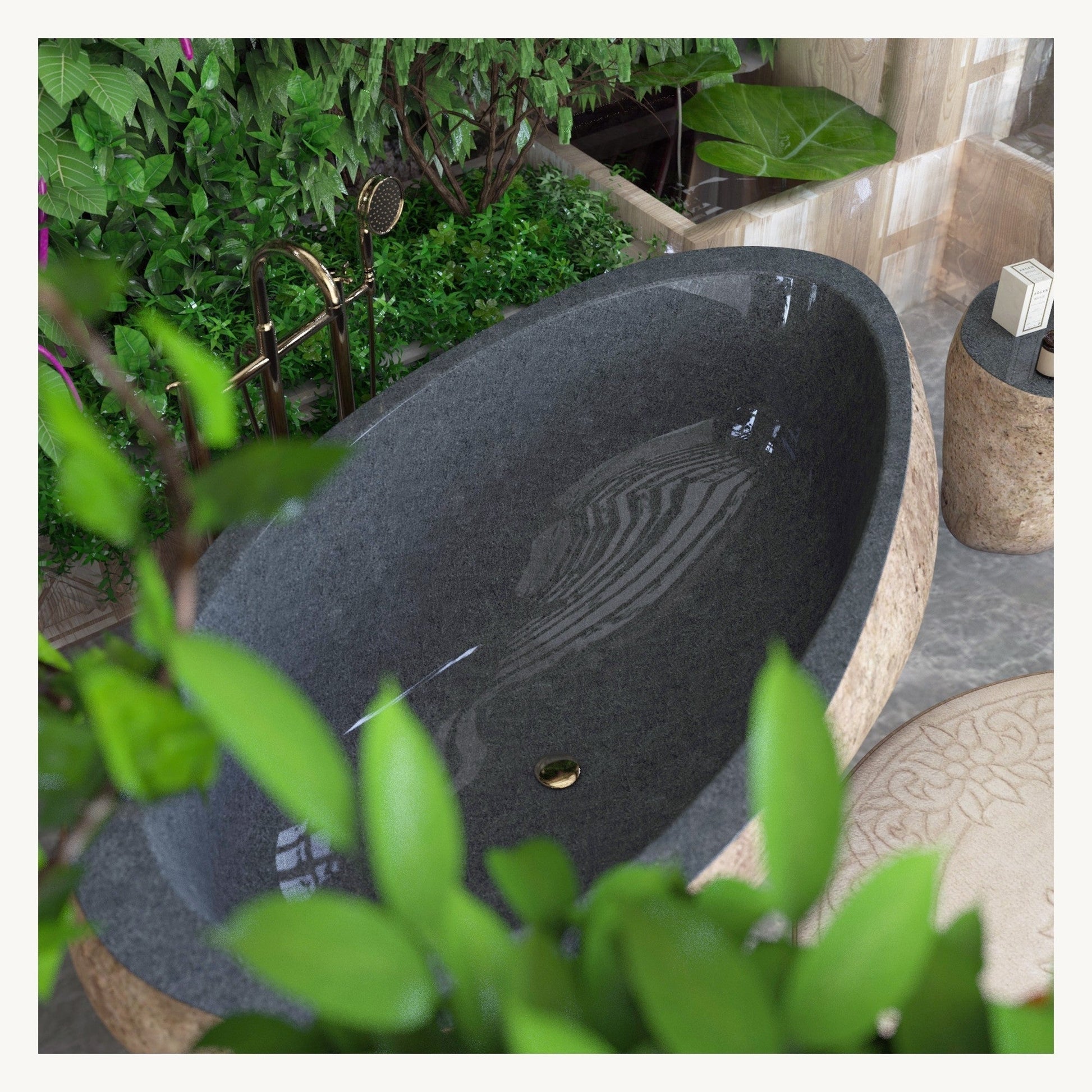 Yitta Filetto Cobble Stone Granite bathtub, natural granite texture and finish detail
