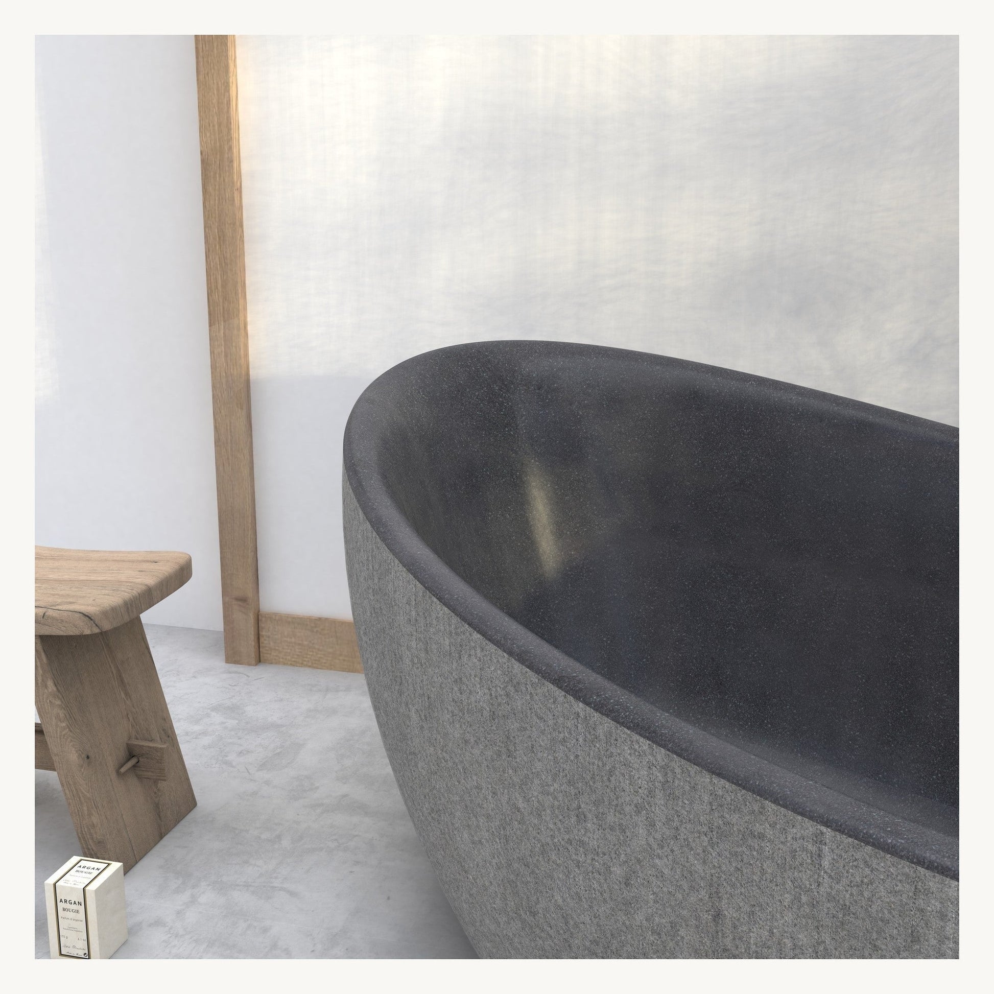Yuka Absolute Black Granite bathtub material texture and finish, studio detail visualization