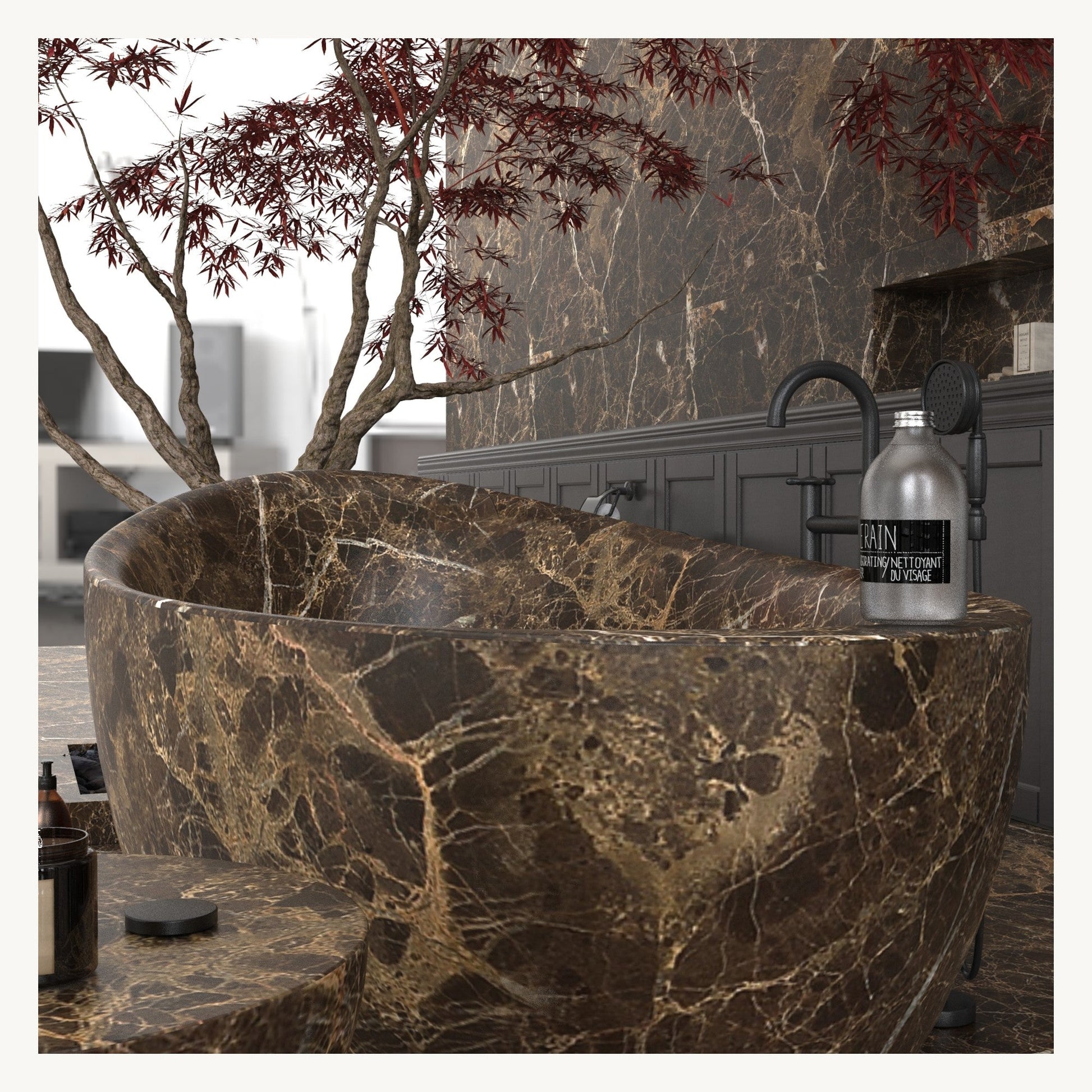 Yuka Dark Emperador Marble bathtub, polished rim and natural veining detail