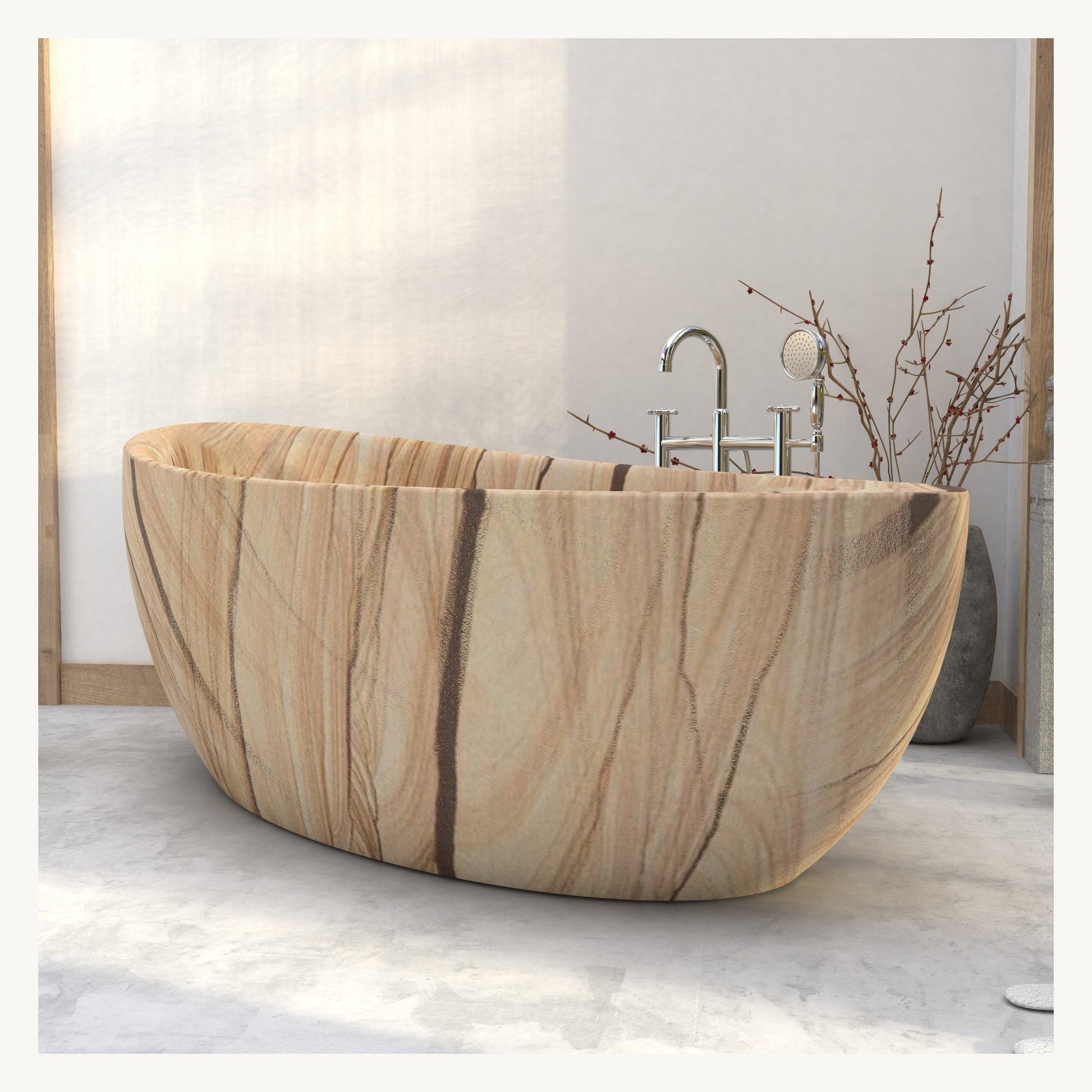 Yuka Natural Sandstone freestanding bathtub, sculptural side-profile studio visualization