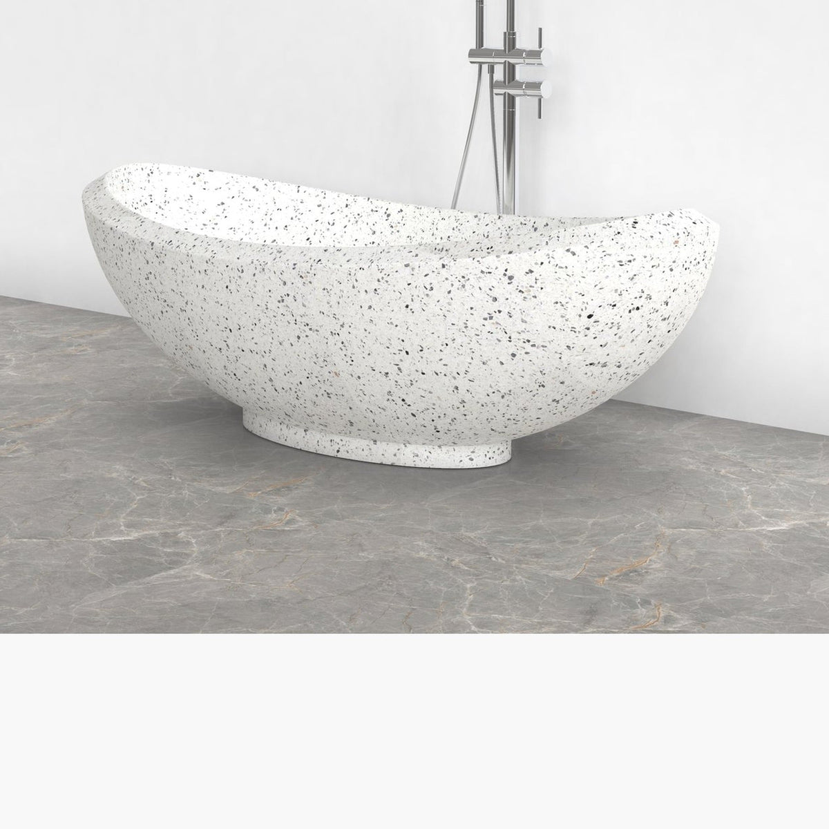 Yuna BT-032A alba-white-terrazzo bathtub exterior aggregate and curved profile detail