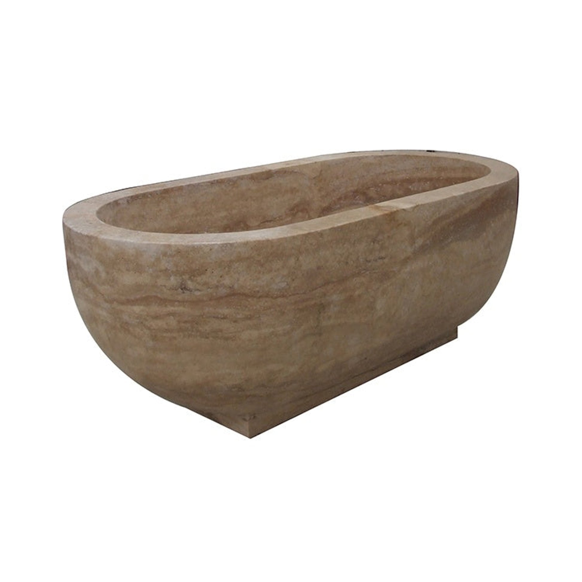 Real angled view of the YVANA Brown Travertine hand-carved freestanding bathtub