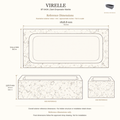 Virelle BT-043A Dark Emperador Marble bathtub reference dimensions: 1828.8 × 914.4 × 558.8 mm (L × W × maximum overall H). Source-based exterior illustration; not to scale. Final dimensions follow approved shop drawing; not for installation.