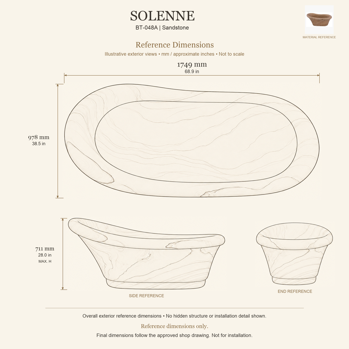 Solenne BT-048A Sandstone bathtub reference dimensions: 1749 × 978 × 711 mm (L × W × maximum overall H). Source-based exterior illustration; not to scale. Final dimensions follow approved shop drawing; not for installation.