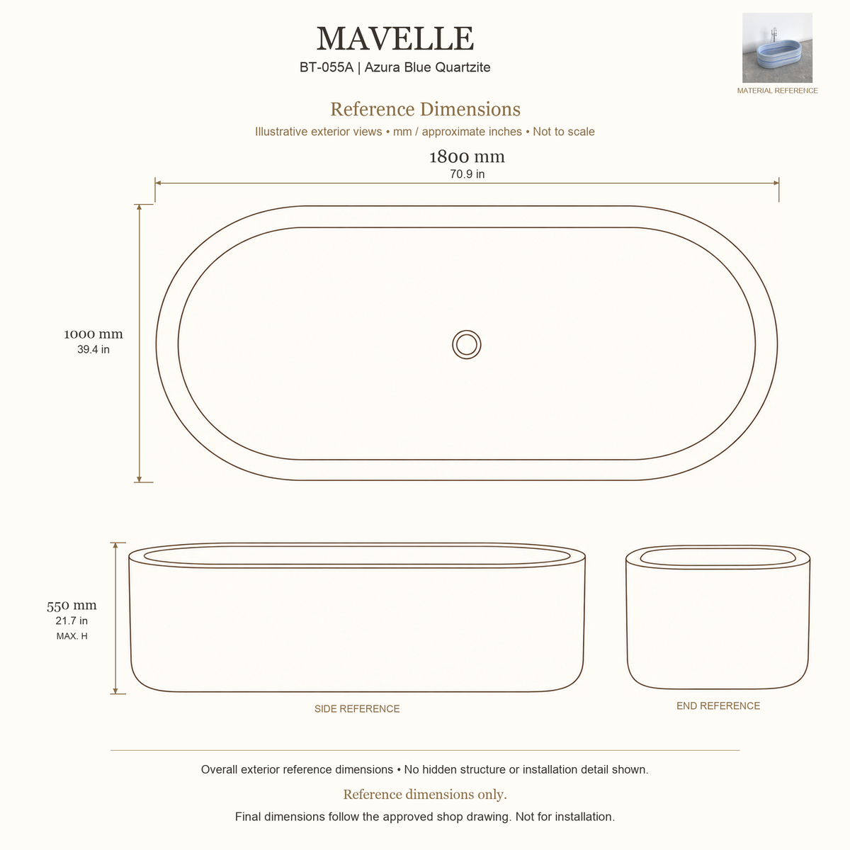 Mavelle BT-055A Azura Blue Quartzite bathtub reference dimensions: 1800 × 1000 × 550 mm (L × W × maximum overall H). Source-based exterior illustration; not to scale. Final dimensions follow approved shop drawing; not for installation.
