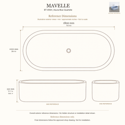 Mavelle BT-055A Azura Blue Quartzite bathtub reference dimensions: 1800 × 1000 × 550 mm (L × W × maximum overall H). Source-based exterior illustration; not to scale. Final dimensions follow approved shop drawing; not for installation.