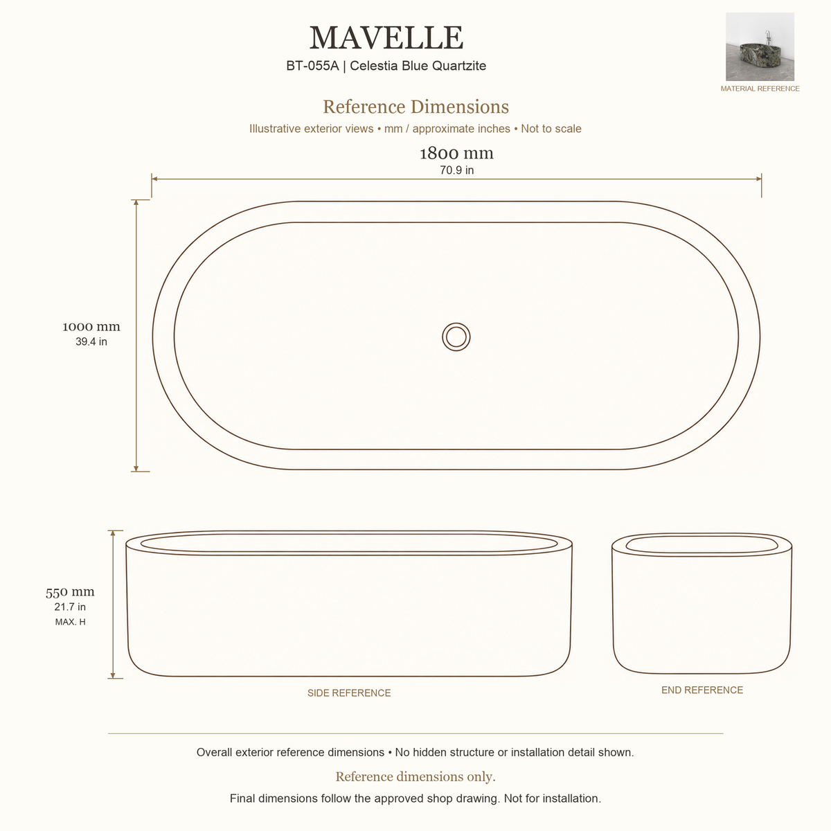 Mavelle BT-055A Celestia Blue Quartzite bathtub reference dimensions: 1800 × 1000 × 550 mm (L × W × maximum overall H). Source-based exterior illustration; not to scale. Final dimensions follow approved shop drawing; not for installation.