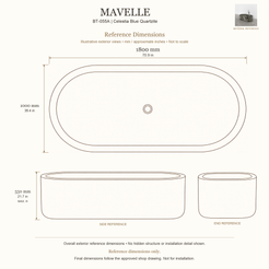 Mavelle BT-055A Celestia Blue Quartzite bathtub reference dimensions: 1800 × 1000 × 550 mm (L × W × maximum overall H). Source-based exterior illustration; not to scale. Final dimensions follow approved shop drawing; not for installation.