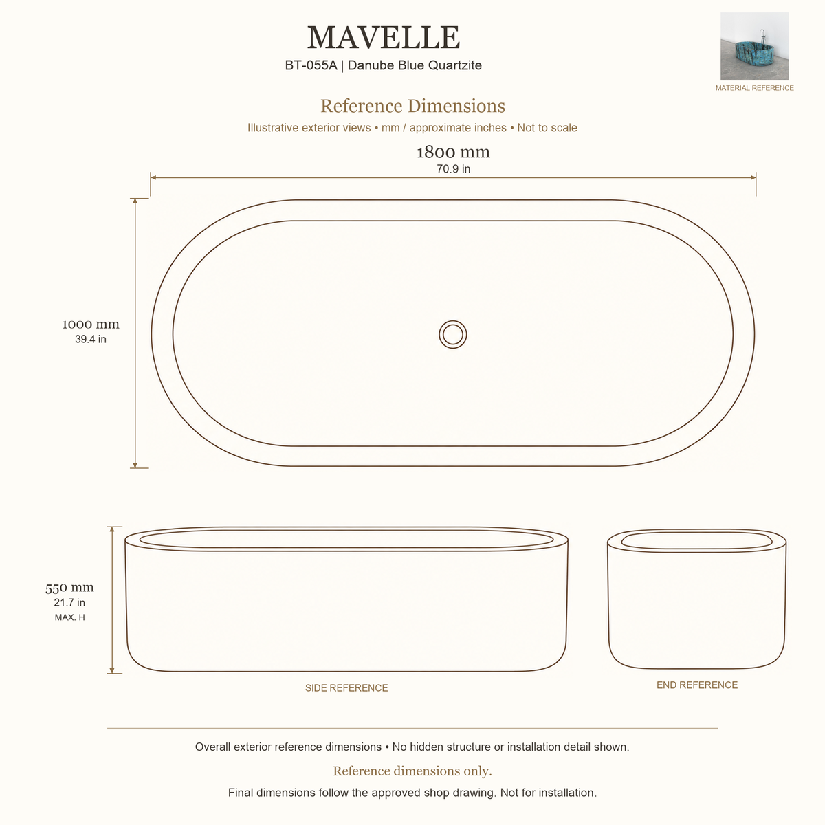 Mavelle BT-055A Danube Blue Quartzite bathtub reference dimensions: 1800 × 1000 × 550 mm (L × W × maximum overall H). Source-based exterior illustration; not to scale. Final dimensions follow approved shop drawing; not for installation.