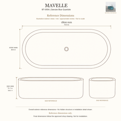 Mavelle BT-055A Danube Blue Quartzite bathtub reference dimensions: 1800 × 1000 × 550 mm (L × W × maximum overall H). Source-based exterior illustration; not to scale. Final dimensions follow approved shop drawing; not for installation.