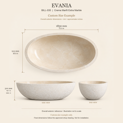 Evania BILL-035 Crema Marfil Extra Marble bathtub custom size example: 1830 × 915 × 500 mm (L × W × maximum overall H). Final dimensions follow the approved shop drawing; not for installation.