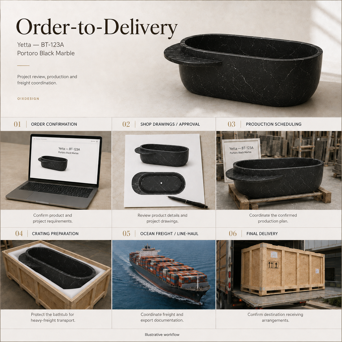 Yetta BT-123A Portoro Black Marble bathtub — order-to-delivery; illustrative workflow.