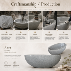 Alura BT-065A Alpine Silver Granite representative craftsmanship and production process from solid granite block through carving shaping hand finishing and quality control