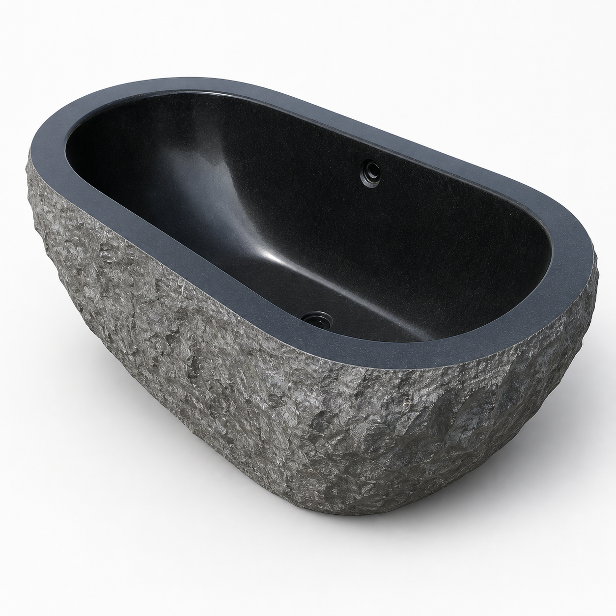 Arden black granite bathtub with polished basin and center drain, top view
