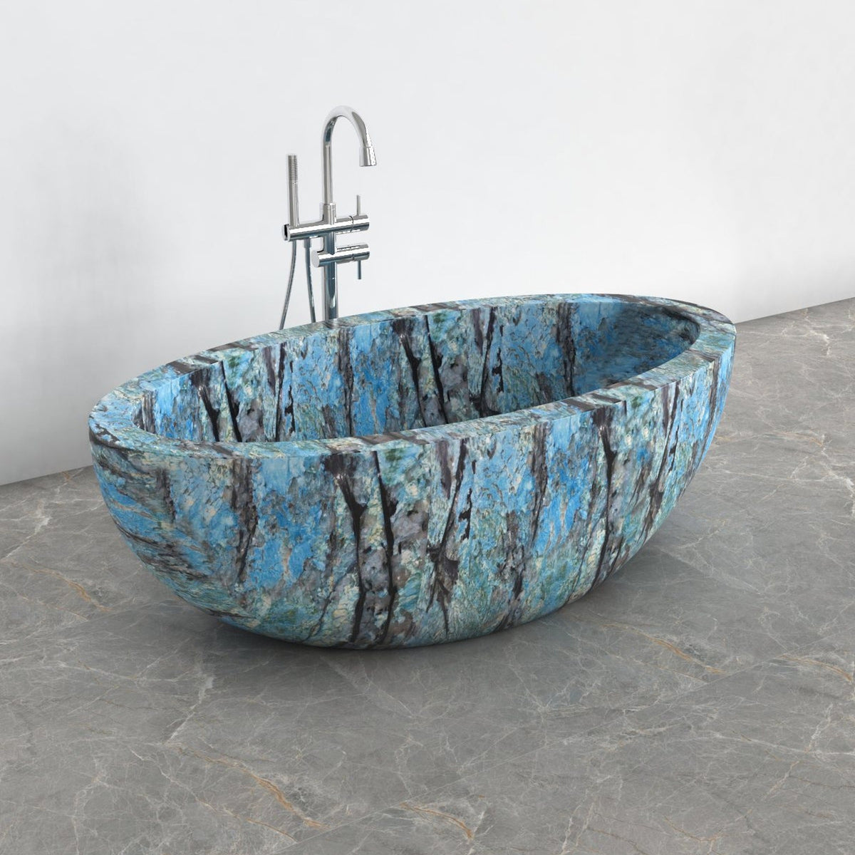 Aveline Danube Blue Quartzite freestanding soaking bathtub, full-frame opposite-angle view