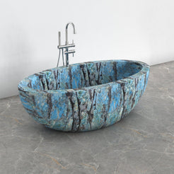 Aveline Danube Blue Quartzite freestanding soaking bathtub, full-frame opposite-angle view