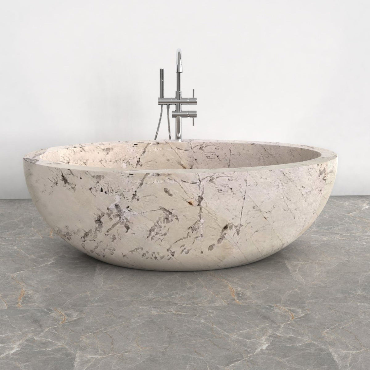 Aveline Pandora Blanc Quartzite freestanding soaking bathtub, full-frame opposite-angle view