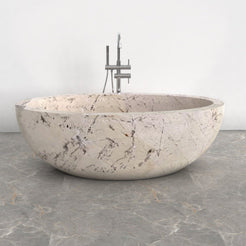 Aveline Pandora Blanc Quartzite freestanding soaking bathtub, full-frame opposite-angle view