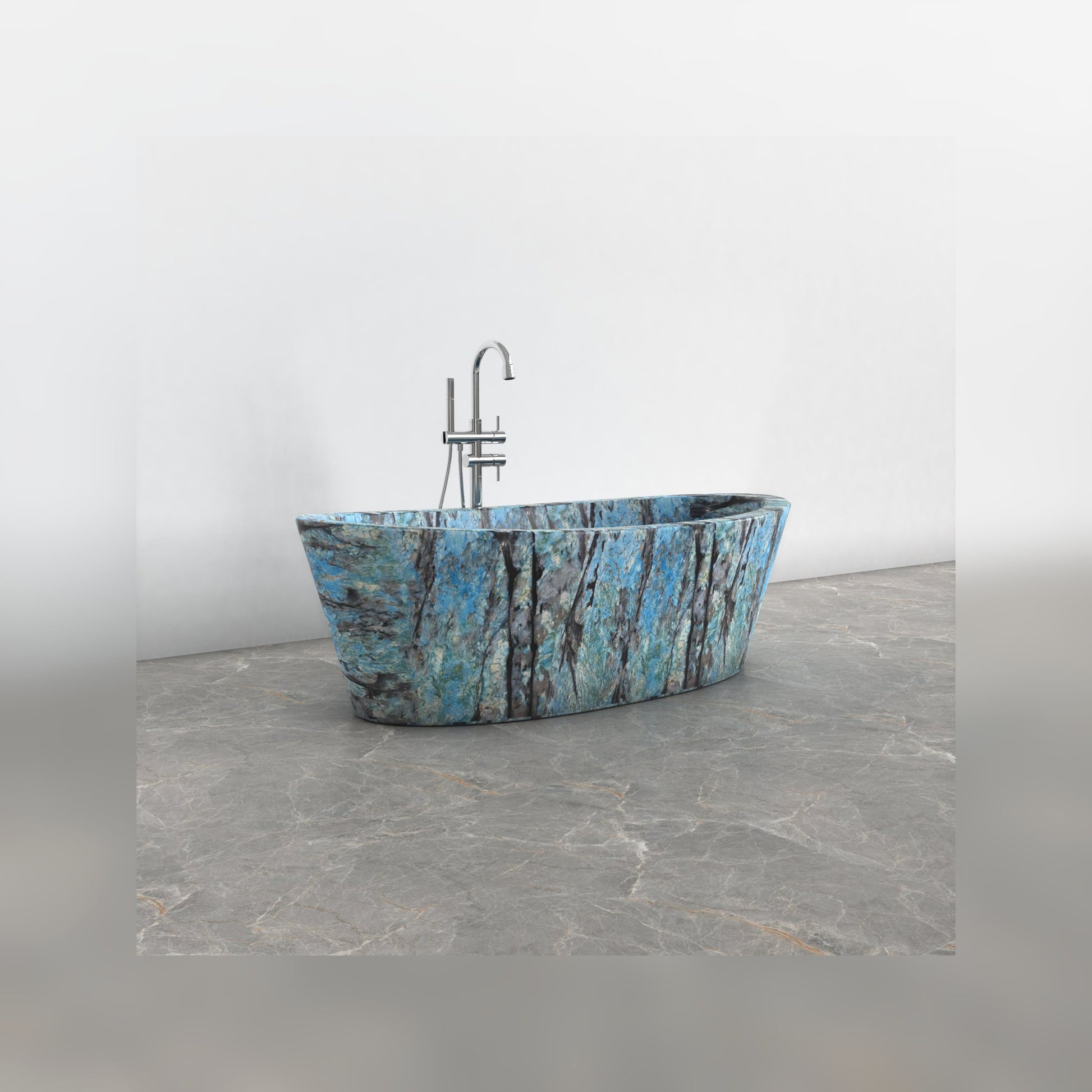 Calia Danube Blue Quartzite soaking bathtub, alternate studio side visualization